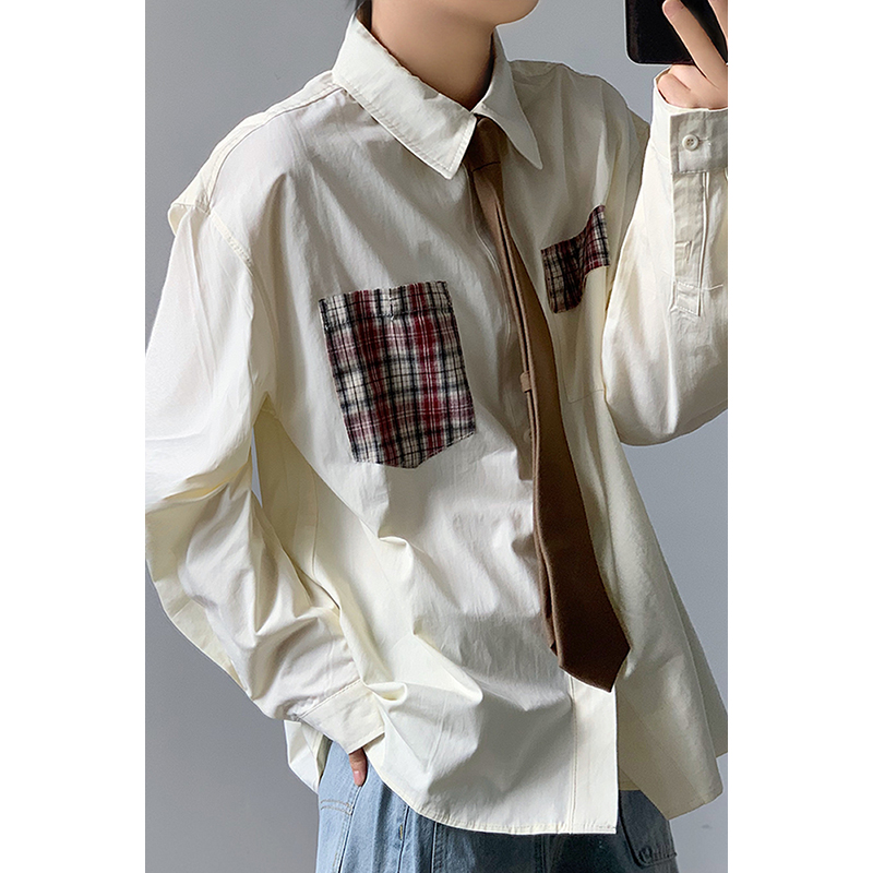 林弯弯日系撞色格纹拼接口袋设计长袖衬衫男女情侣休闲宽松衬衣秋