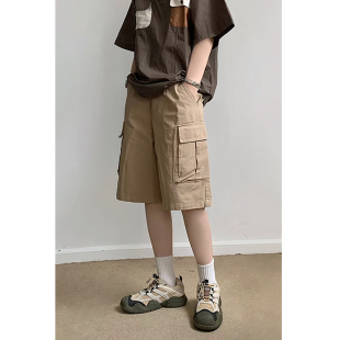 多口袋百搭休闲松紧腰宽松直筒五分裤 短裤 水洗纯棉工装 林弯弯美式