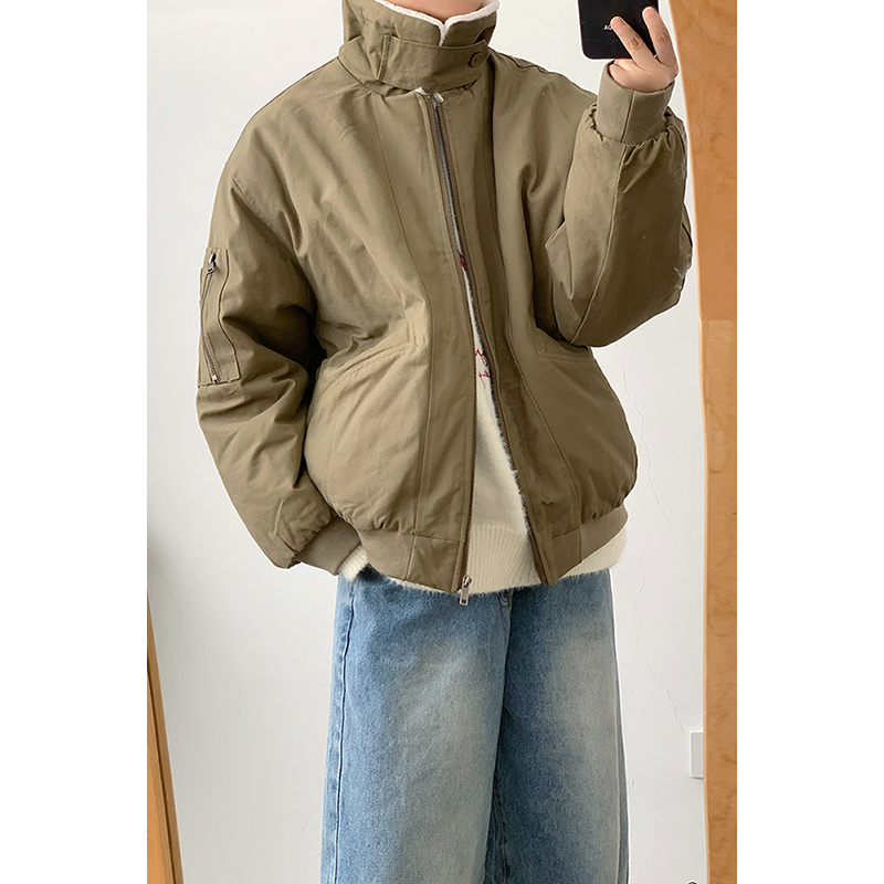 林弯弯日系复古工装翻领羊羔绒棉衣男女摇粒绒棉服保暖飞行服外套