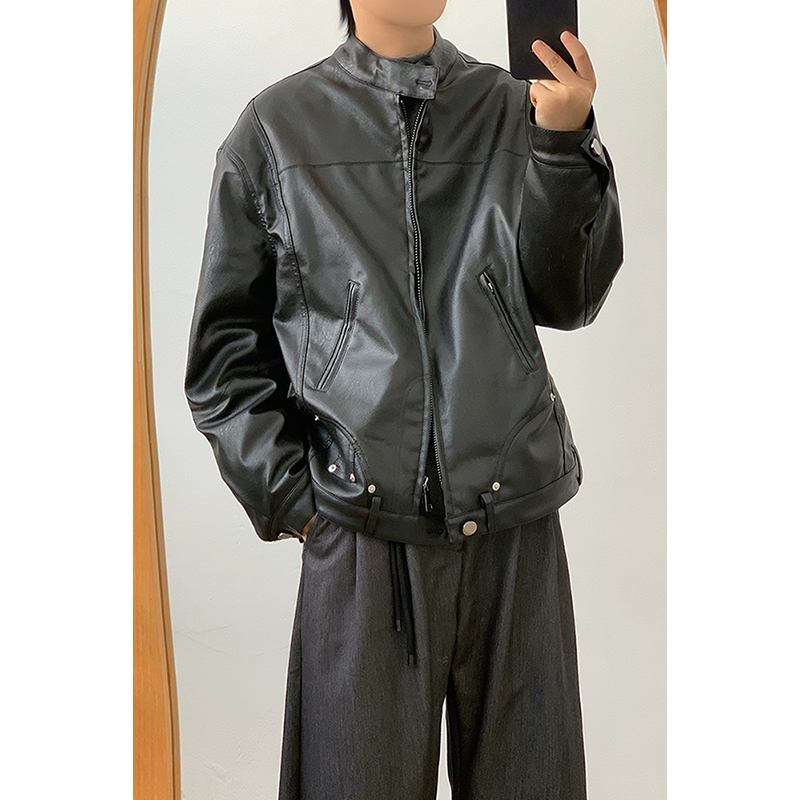 林弯弯美式复古机车皮衣外套男女90白鸭绒立领羽绒服飞行服外套冬