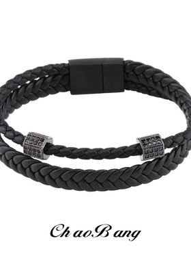 编织皮革钛钢手链男磁铁扣潮流时尚高级感简约个性设计礼物饰品女