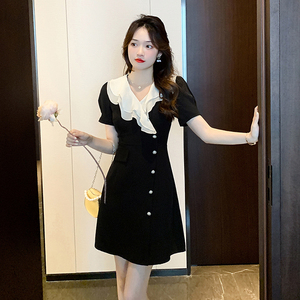 RM10015#短袖法式气质连衣裙2023夏季新款收腰显瘦韩版中长款小个子小黑裙