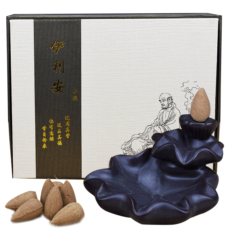 自在香堂 仿古陶瓷創(chuàng)意蓮花倒流香爐 水沉空心觀煙塔香23粒禮盒裝
