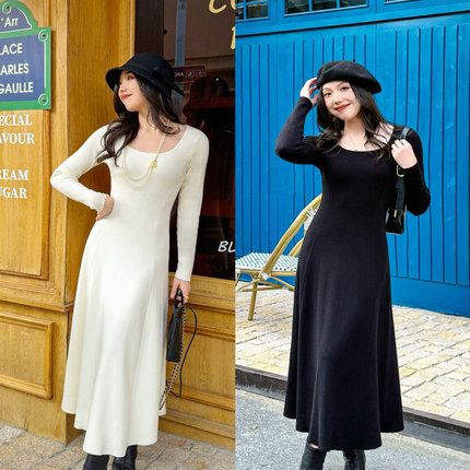 JUNJUN法式方领针织连衣裙，秋冬内搭神裙！显瘦小黑裙小白裙