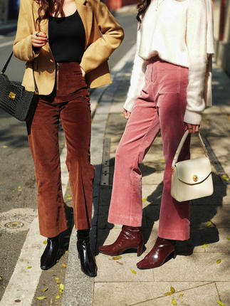 JUNJUN灯芯绒微喇阔腿裤，粉裤子&美拉德，秋冬迷人时髦精！