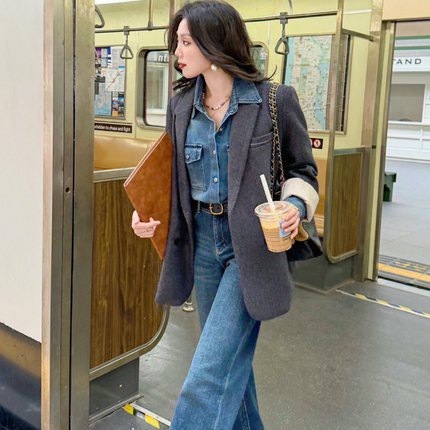 JUNJUN人字纹灰色毛呢西装，高级时髦职场通勤，加厚大衣外套