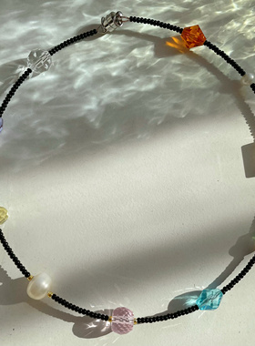 MISSU 彩红糖切面闪闪玻璃珍珠宝石串珠磁吸项圈choker