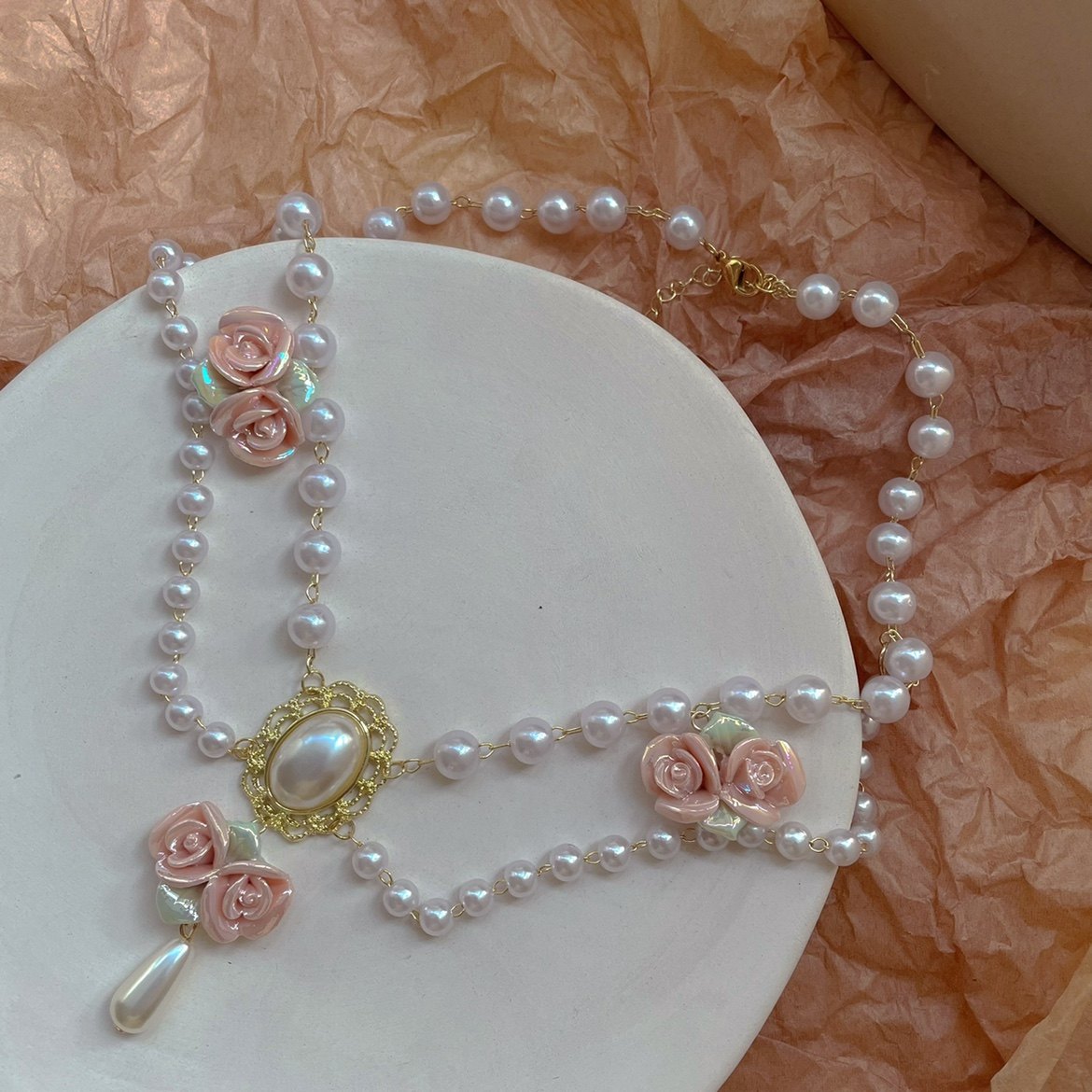 missu 唐顿庄园陶瓷粉复古玫瑰花珍珠蕾丝边项链锁骨链