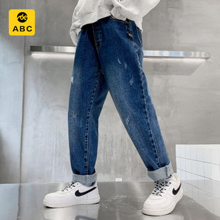 ABC男童春秋冬牛仔裤儿童新款帅气小脚裤子中大童加绒加厚休闲裤