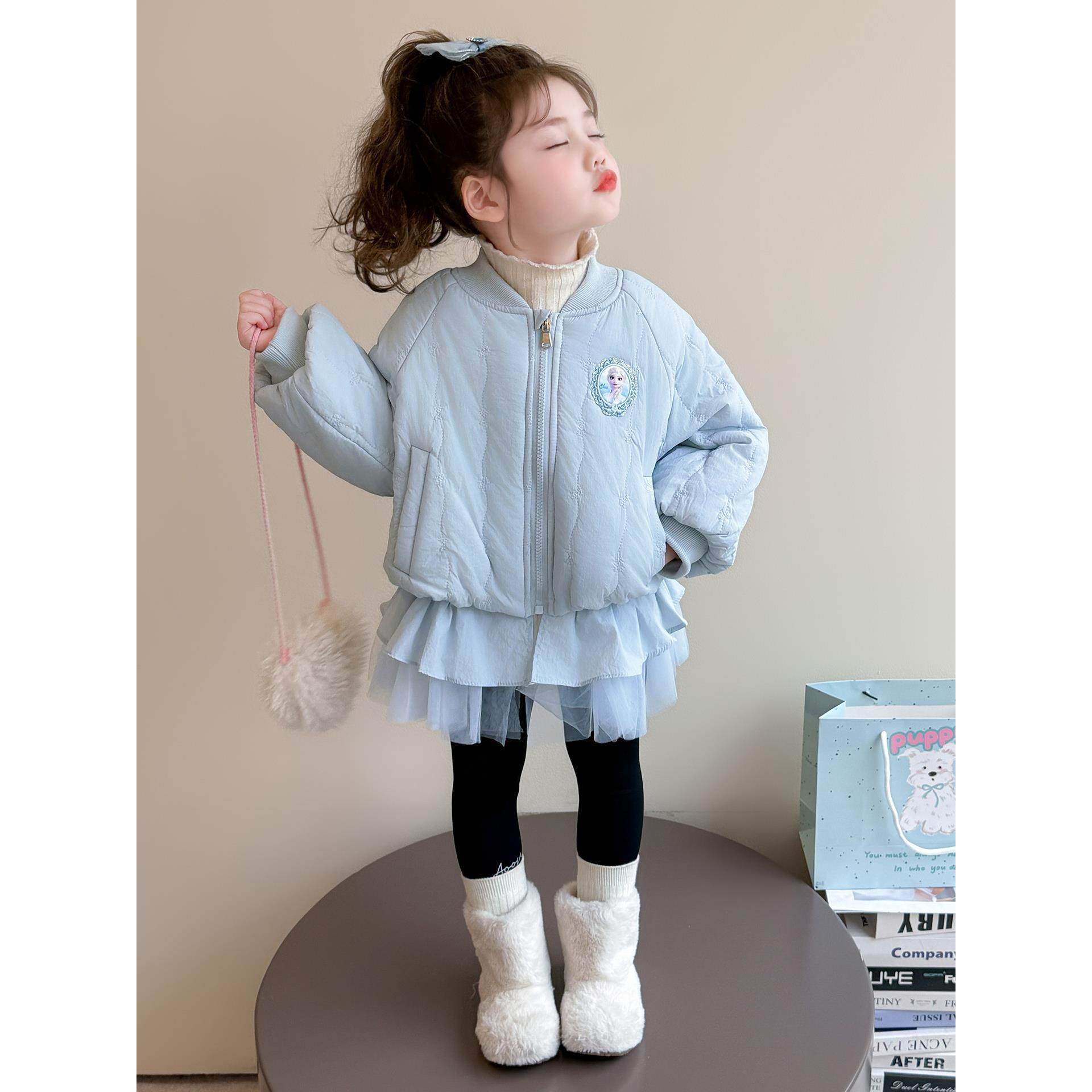 艾莎女童夹棉加厚外套秋冬季2025新款儿童卡通网纱棉衣宝宝棒球服