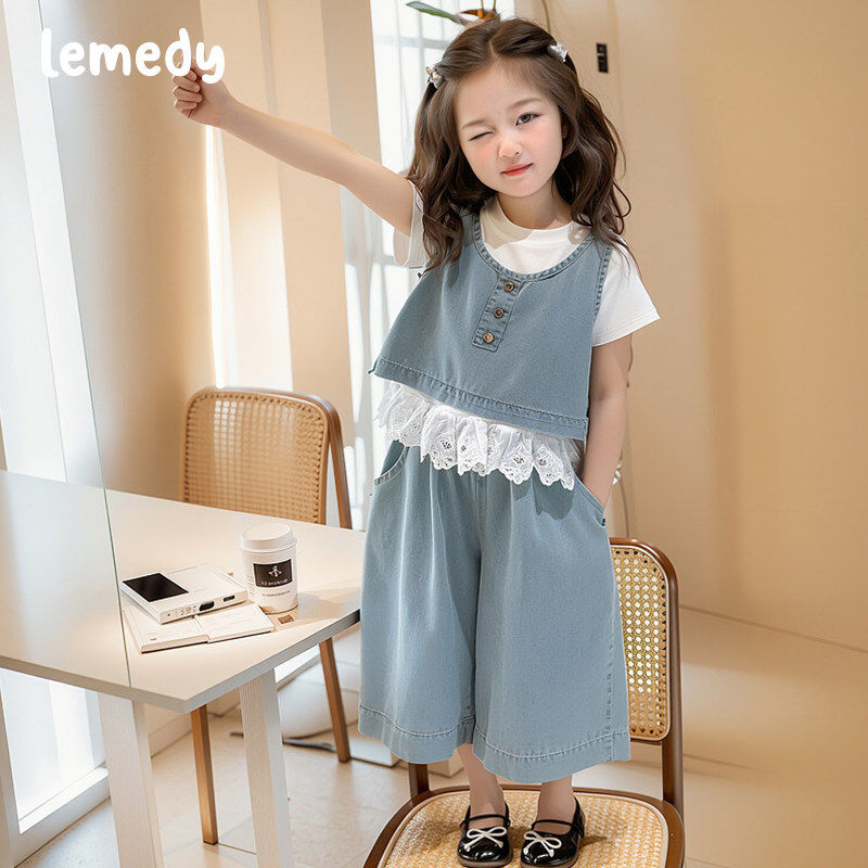 韩国Lemedy女童牛仔套装夏季2026新款小女孩T恤背心阔退裤三件套