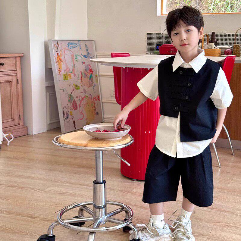 法国男童夏装套装2025中大童夏季男孩演出礼服儿童西装马甲三件套