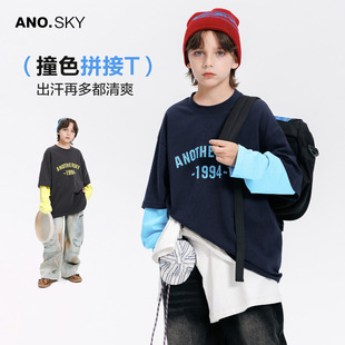 anothersky 男童纯棉t恤春秋季2025新款儿童宽松假两件长袖打底衫