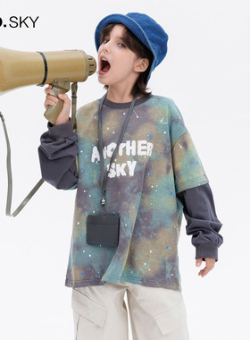anothersky 男童春秋潮牌扎染假两件卫衣2025新款儿童长袖打底t恤
