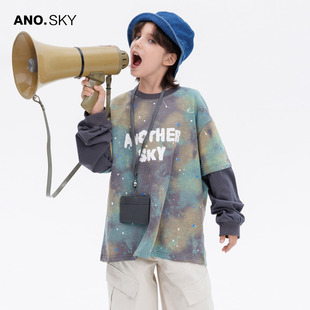 anothersky 男童春秋潮牌扎染假两件卫衣2025新款儿童长袖打底t恤