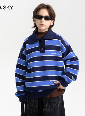 anothersky男童冬季加厚针织POLO衫毛衣2025新款儿童保暖条纹线衣