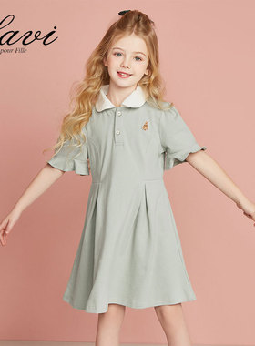 LAVI夏季新款女童短袖连衣裙中大童裙子女孩短袖休闲翻领薄款气质