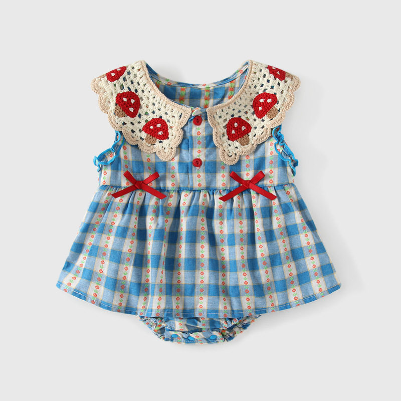 女宝宝蘑菇格子连体衣夏季薄款无袖娃娃领蝴蝶结洋气哈衣外出爬服
