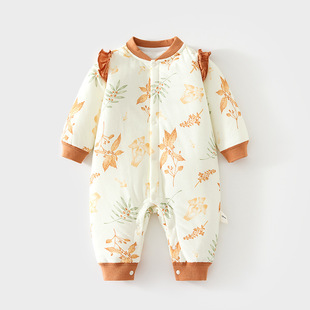 婴儿40夹棉连体衣薄棉秋冬装男女宝宝连身衣爬服无骨保暖百天衣服