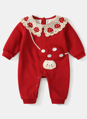 红色蘑菇刺绣连体衣加绒保暖秋冬婴儿满月百天周岁礼服蕾丝领哈衣