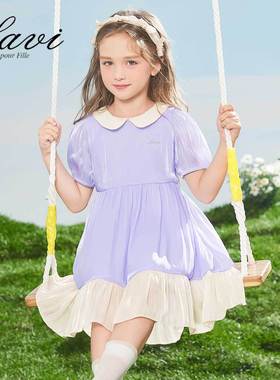 LAVI女童长裙新款田园风花瓣翻领连衣裙儿童短袖连衣裙公主裙夏季