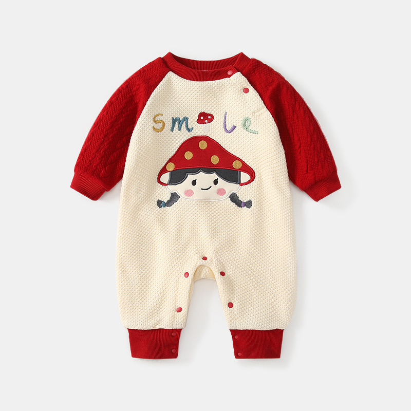 可爱风蘑菇刺绣婴儿加绒连体衣男女宝宝长袖爬服秋冬加厚保暖哈衣