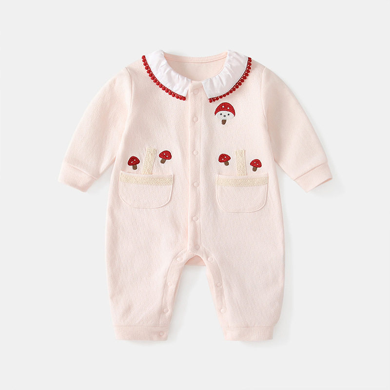 女宝宝蘑菇刺绣连体衣棉质春秋款荷叶边领长袖哈衣爬服外出连身衣