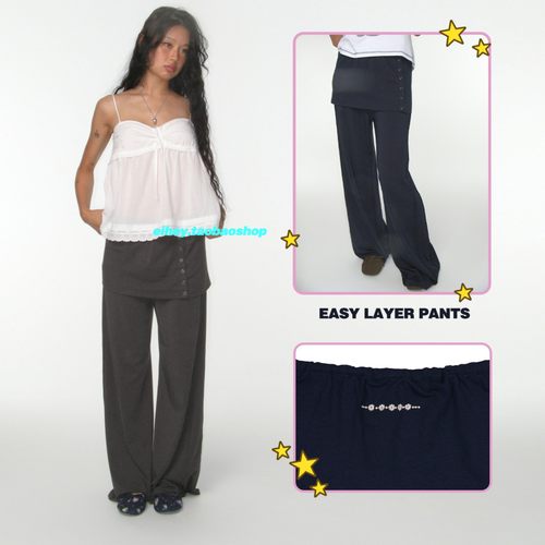 eihey诶嘿秋季简约纽扣短裙拼接假两件显瘦百搭休闲阔腿裤长裤女