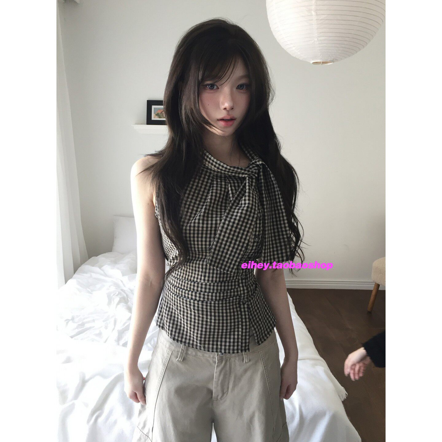 eihey诶嘿韩系复古格纹领结收腰褶皱设计感显瘦无袖背心气质上衣