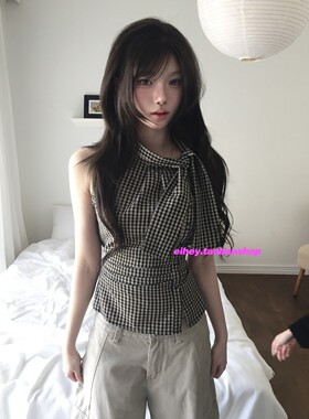 eihey诶嘿韩系复古格纹领结收腰褶皱设计感显瘦无袖背心气质上衣