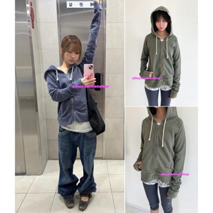 eihey诶嘿韩国进口面料复古水系拉链连帽抽绳卫衣休闲纯色外套女