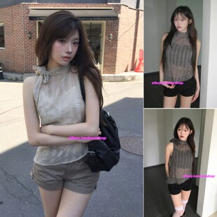 eihey诶嘿夏季蝴蝶结系带高领无袖格纹小立领薄款透纱吊带上衣女