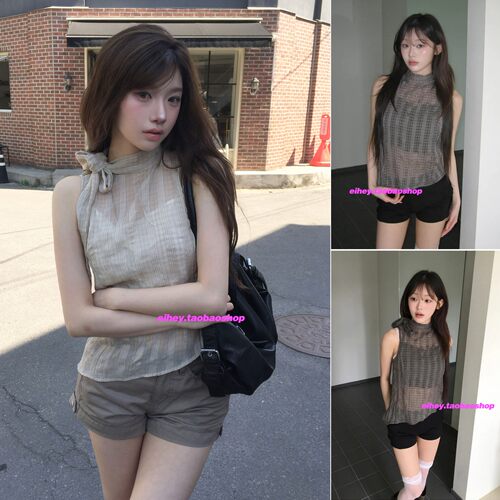 eihey诶嘿夏季蝴蝶结系带高领无袖格纹小立领薄款透纱吊带上衣女