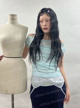 eihey诶嘿夏季一字肩网纱微透修身T恤纯欲风性感收腰显瘦上衣女
