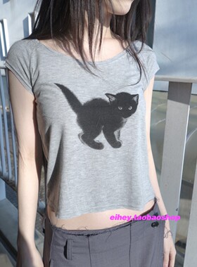 eihey诶嘿甜酷小黑猫韩系少女印花圆领短袖T恤夏休闲短款修身上衣