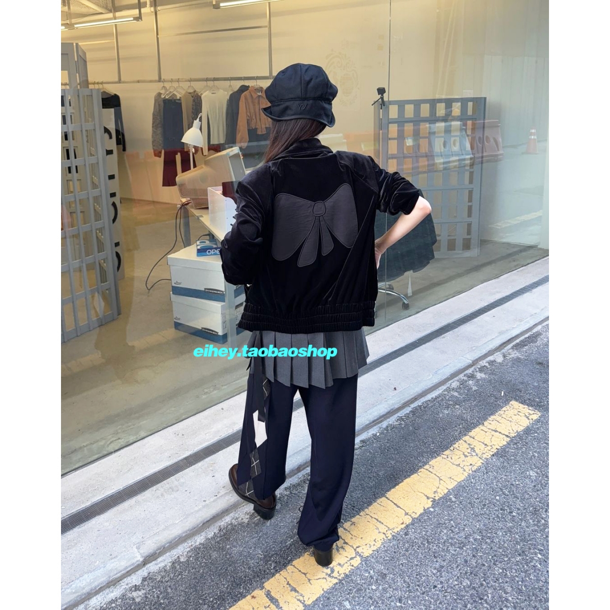 eihey诶嘿秋冬新品领带后背蝴蝶结拉链长袖外套宽松短款夹克上衣