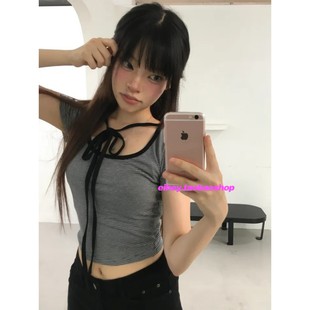 显瘦短款 eihey诶嘿夏季 T恤修身 甜酷系带挂脖条纹短袖 百搭上衣 新款