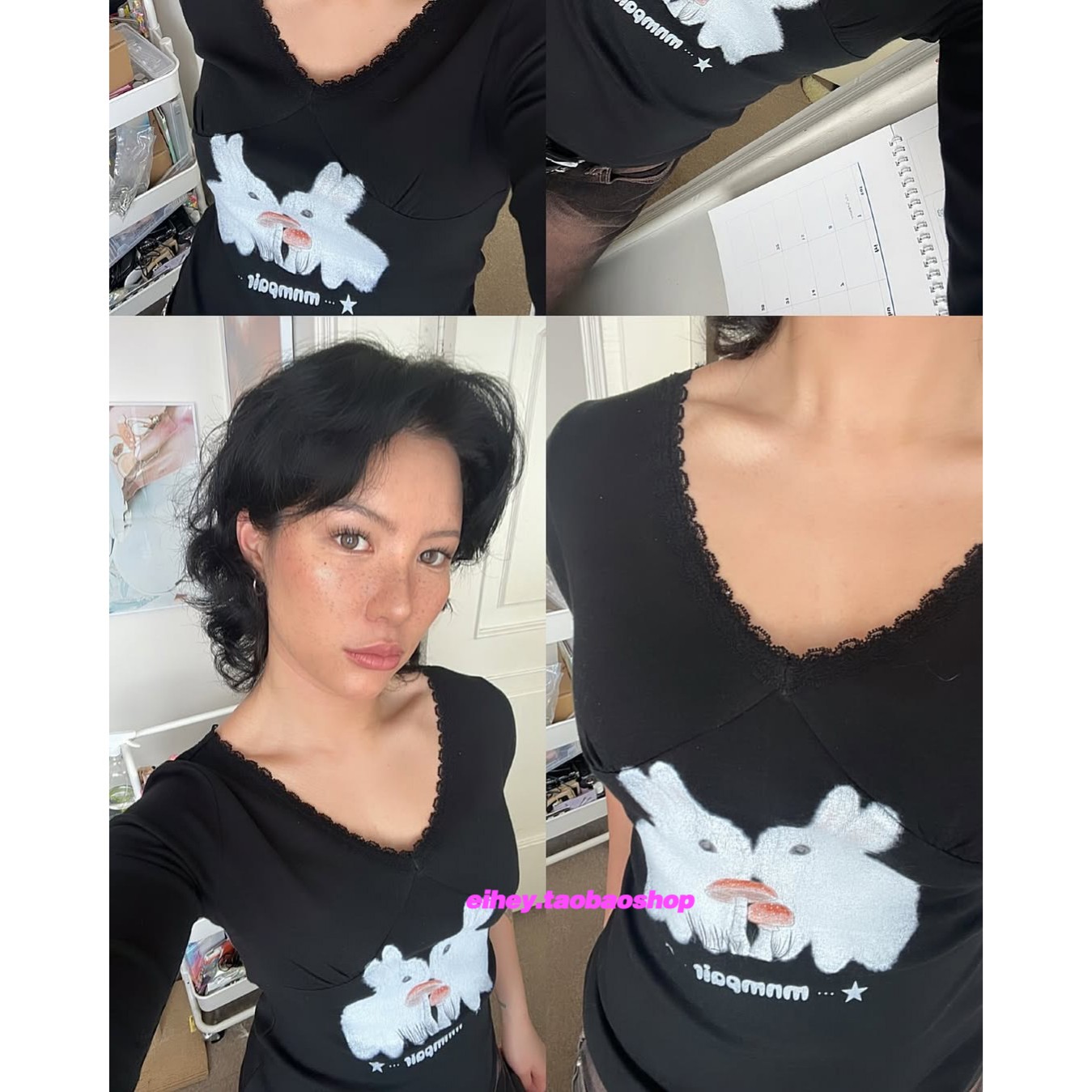 eihey诶嘿25夏季新款蕾丝边V领兔子印花甜辣修身T恤的短款短袖女