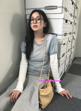 eihey诶嘿韩系小清新时尚网纱拼接微透褶皱时尚短袖T恤叠穿上衣女