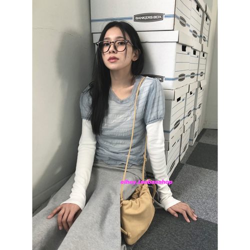 eihey诶嘿韩系小清新时尚网纱拼接微透褶皱时尚短袖T恤叠穿上衣女