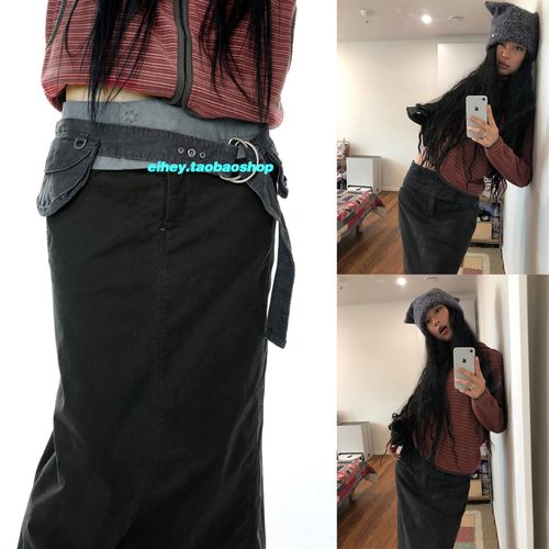 eihey诶嘿半身裙纯棉秋冬百搭直筒长裙韩版日系拼色下摆开叉半裙
