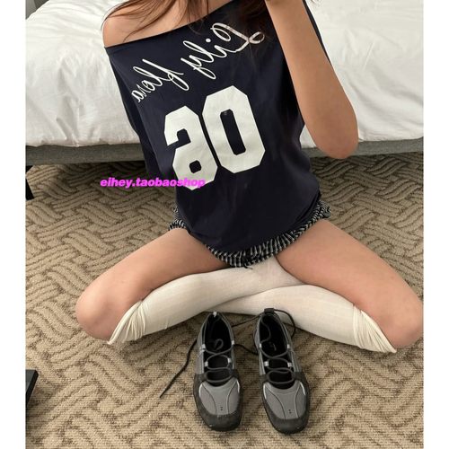 eihey诶嘿25夏季美式辣妹露肩前后两穿船领露肩随意宽松短袖T恤女