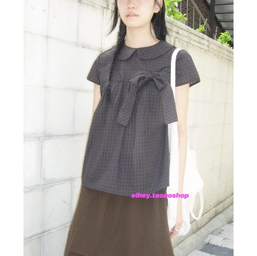 eihey诶嘿夏季修身显瘦高级感娃娃领设计格纹蝴蝶结衬衫短袖上衣