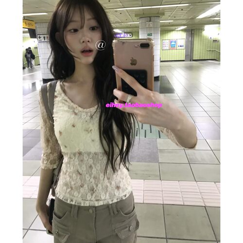 eihey诶嘿春夏新款蕾丝碎花半袖T恤短袖纯欲风修身显瘦打底衫女