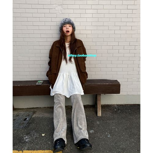 eihey诶嘿秋季中长款棉质褶皱休闲感宽松时尚圆领拼接长袖上衣女