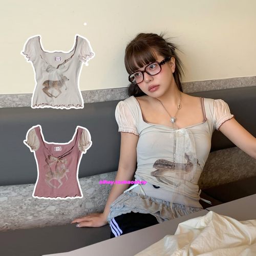 eihey诶嘿叶舒华裴珠泫同款可爱大方领短袖T网纱拼接纯欲辣妹上衣