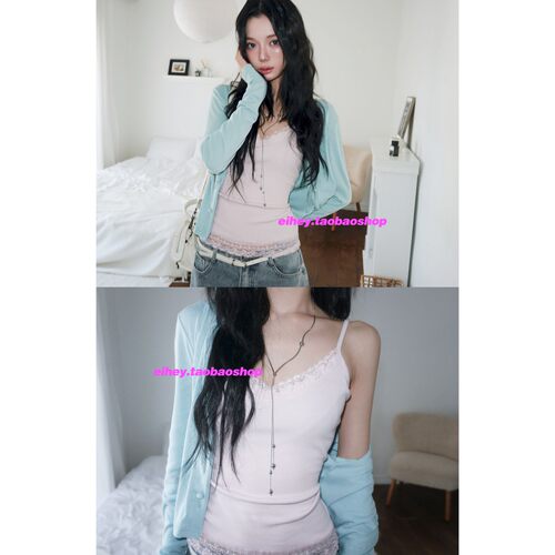 eihey诶嘿V领性感蕾丝木耳边拼接吊带背心女修身短款开衫上衣套装