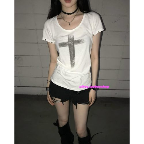 eihey诶嘿夏季新款十字架印花上衣女夏美式辣妹短款时尚短袖t恤女