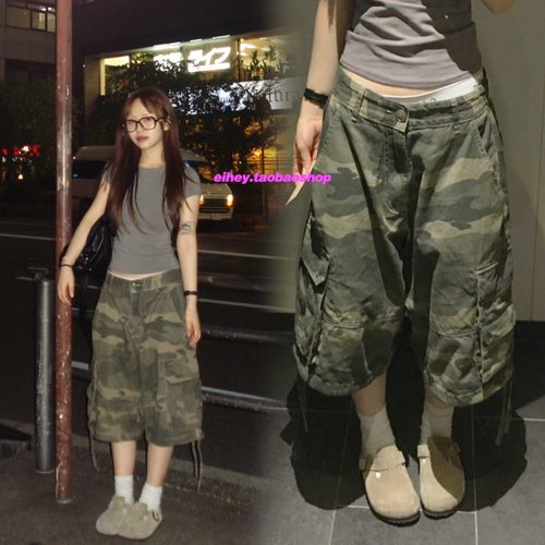 eihey诶嘿街头帅气迷彩宽松工装裤大口袋中裤抽绳休闲五分裤短裤