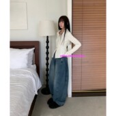 慵懒风高腰牛仔裤 eihey诶嘿雅痞阔腿裤 水洗磨白深蓝色宽松时尚 女